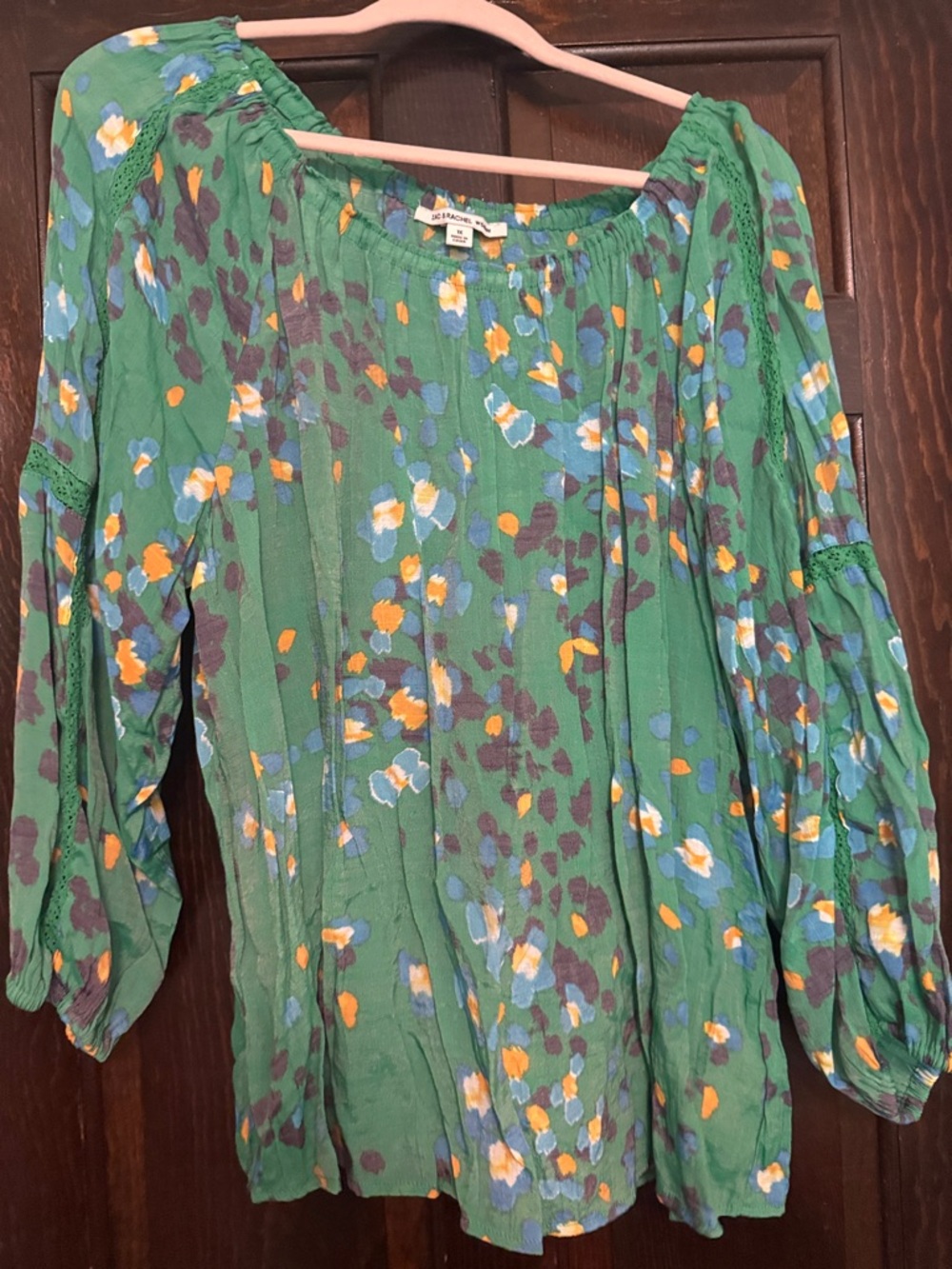 Zac & Rachel Green Floral Peasant Blouse with Blue and Yellow Details